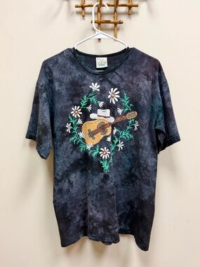 90s Vintage 🌼 Lynee Apparel Tie-Dye Bedazzled Cowgirl Guitar Tee